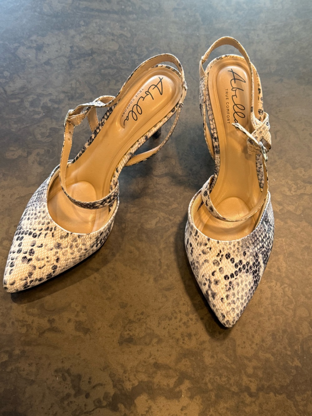 Pointed Toe Snake-Print Slingback Pumps in Beige